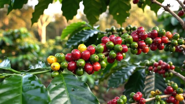 Ripening coffee cherries on a branch with green leaves in a natural outdoor setting