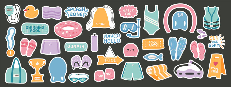 Swimming pool stickers set with float, goggles, flippers, swimsuit, towel and pool signs. Summer sport elements for water activity and vacation. Icons for kids design, sticker pack, decoration