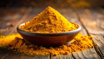 A small wooden bowl filled with a vibrant orange powder, sitting on weathered wooden boards