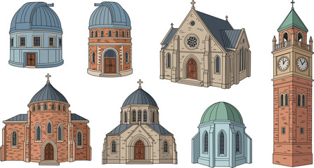 Historic Church and Cathedral Architecture Collection with Domes, Bell Tower and Religious Buildings Set for Christian Worship Vector Illustration © MD
