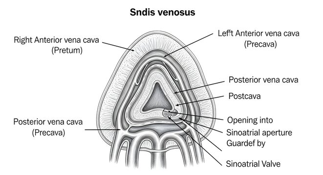 High Detailed Anatomical Diagram of Frog Sinus Venosus | Cross-Section View Labeling Right and Left Anterior Vena Cava, Posterior Vena Cava, Sinus Opening and Guarding Valve | Scientific Illustration 