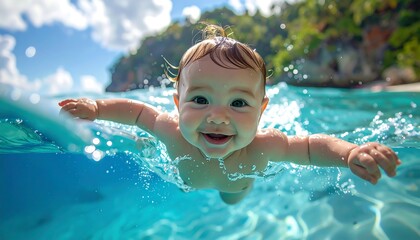 A smiling baby glides through crystal-clear, turquoise water near a tropical island shoreline, sunny sky overhead