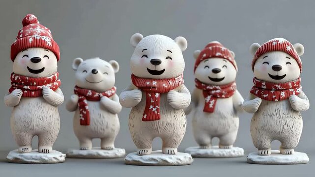 A whimsical and charming 3D-style digital illustration of a group of adorable white bear figurines wearing festive red and white patterned scarves and hats, standing on a snowy base