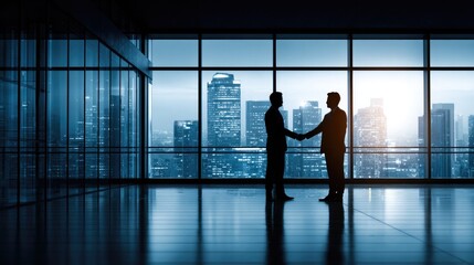 Fototapeta premium Agreement Silhouette: Two business people seal a deal with a handshake, silhouetted against a panoramic city view, symbolizing collaboration, partnership, and successful negotiation.