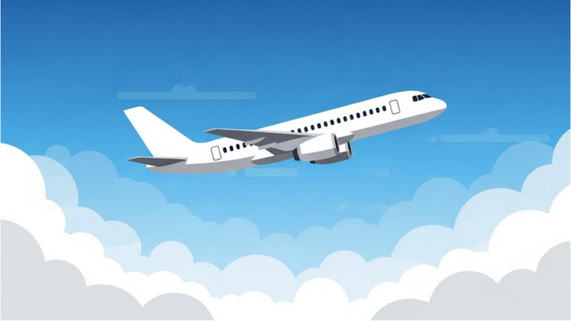 Airplane flying high above the clouds in a clear blue sky viewed from the side