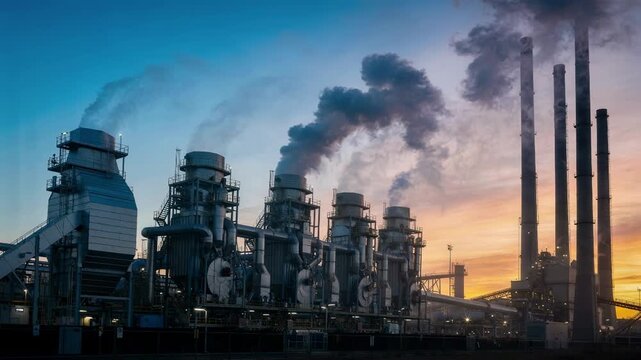 Medium shot of industrial scrubbers with minimal vapor release emphasizing clean air discharge against a bright clear sky background. Medium shot capturing heavy plumes from
