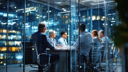Fototapeta premium Corporate Conclave: A seasoned group of business leaders engages in a late-night strategy session within a modern glass-walled office, with the glittering cityscape visible in the background.