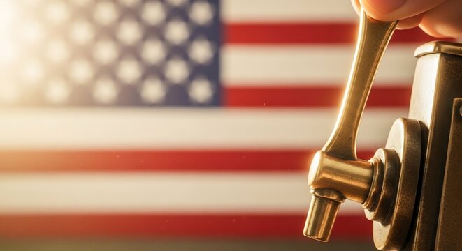 Hand Turning Golden Valve or Lever with American Flag Background, US Economic Control, Inflation Policy, Federal Reserve Concept