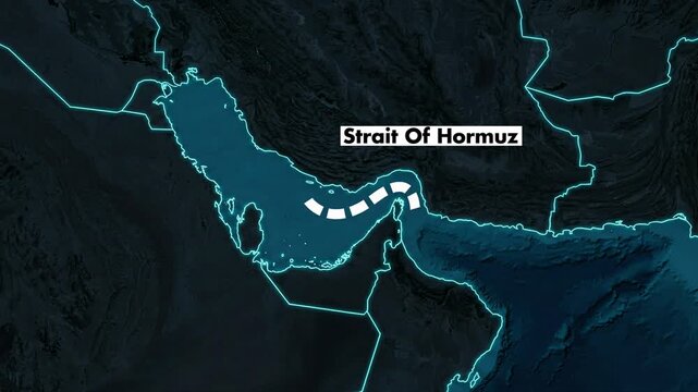 4K Map Animation Of Strait Of Hormuz With Animated White Dotted Line Showing Strategic Oil And Trade Route And Rising Geopolitical Tension