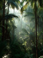 Naklejka premium Sunlight Illuminates Lush Tropical Jungle Palm Trees and Dense Foliage