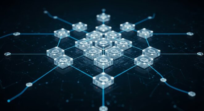 Abstract digital network structure with interconnected nodes representing data flow and global connectivity on a dark background