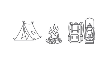 Fototapeta premium Camping scene with tent, campfire, backpack, and lantern, outdoors, top view, vector illustration