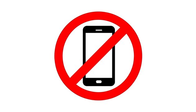 A red, circular prohibition symbol overlaid a black mobile phone silhouette on a white background
