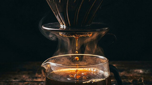 Close up of pour over coffee dripping into a glass server with beautiful steam and dark moody background