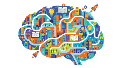 Naklejka premium Creative Brain City Concept Solid Color Flat Vector Illustration
