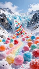 Fototapeta premium Vibrant rainbow-colored candy balls cascade down snowy mountains