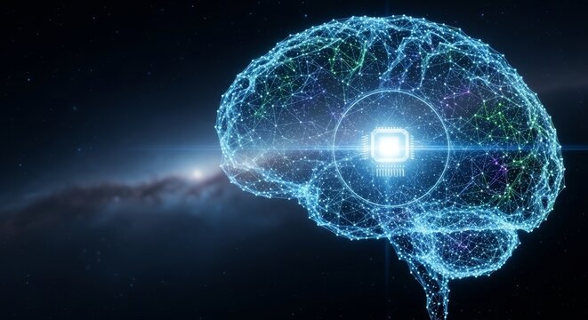 Envisioning advanced artificial intelligence through a glowing digital brain, composed of interconnected neural networks, symbolizing future technology and cognitive computing