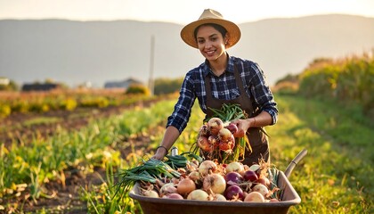 A smiling farmer with onions, beside a wheelbarrow full of produce, in a field during sunny, golden hour light