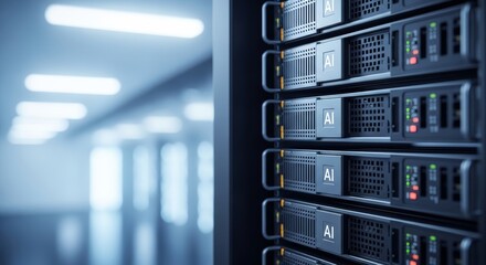 Fototapeta na wymiar Server racks in a data center with AI labels, representing advanced technology and digital infrastructure