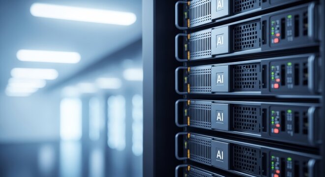Server racks in a data center with AI labels, representing advanced technology and digital infrastructure