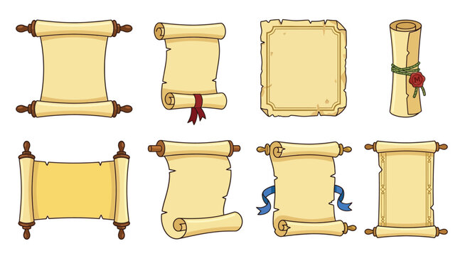 Collection of vintage parchment scrolls and aged paper documents