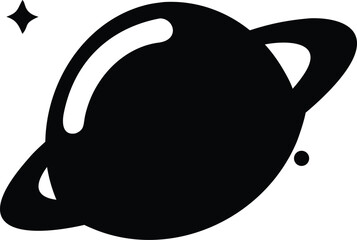 Simple black icon of a ringed planet, representing a planet in outer space. © Saikat