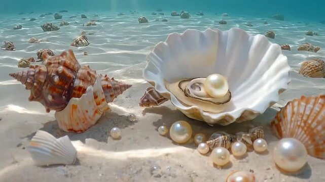 Underwater scene with a large open shell holding a pearl surrounded by other shells and pearls
