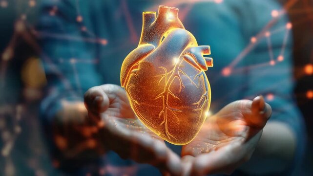 Glowing heart hovers above open hands. Network lines connect to heart's pulsing core. Light pulses echo its rhythm and energy. Fingers cradle the glowing symbol of life