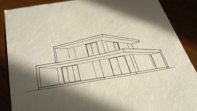 Architectural illustration of modern home on paper with shadow