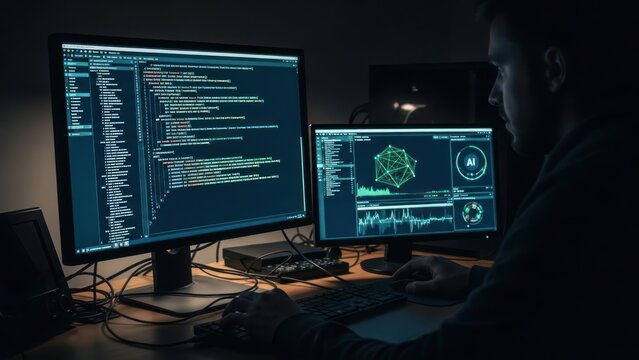 Man working on computers displaying code and data analysis in dim room
