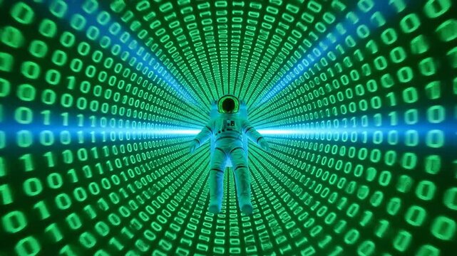 Astronaut floating in a digital tunnel surrounded by binary code