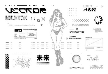 Sci-fi design pack with HUD UI, sci-fi elements, cyber lettering and other. Brutalism Hi-tech design for streetwear, merch, t-shirt, typography. Y2K and retrofuturism. Vector graphic collection
