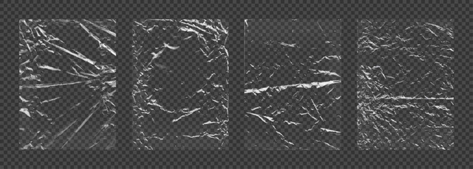 Naklejka premium Polyethylene packaging, transparent texture for overlay. Plastic Wrap overlay stamp with wrinkled, worn effect. Different types Polyethylene packaging, plastic Wrap, cling film. Vector stamps