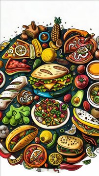 Vibrant food s fill the frame with bold colors. Tacos, sandwiches, salads, and fruits burst with freshness. Each dish arranged with playful, cartoonish charm
