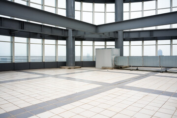 Naklejka premium Spacious indoor space with steel structure and glass curtain wall in modern building