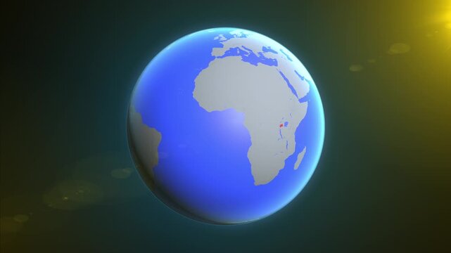 The animation shows a graphic representation of the earth and highlights the location and map of Rwanda colored red.