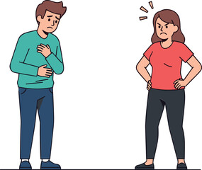 Fototapeta premium Angry woman arguing with sad man, relationship conflict concept, couple disagreement, emotional stress, communication problem, flat vector illustration