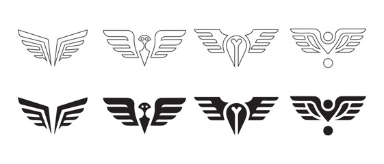Winged Symbols Set. Modern Geometric Icons for Logos, Emblems, and Branding - Line Art and Solid Designs.