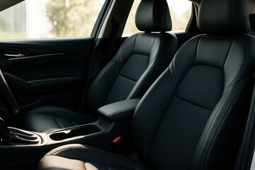 Modern car interior with black leather seats and luxurious design in daylight