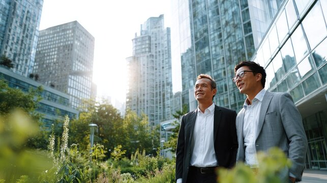 Visionary Leaders in the Cityscape: Two business individuals, clad in sharp attire, share a moment of contemplation against a backdrop of modern architectural marvels.