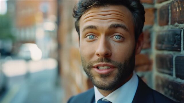 Man leans against brick wall, eyes closed. He speaks softly, mouth slightly open. Urban background blurred behind him. Natural light highlights his facial features. Casual yet professional attire