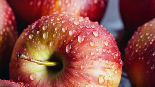 Ripe apple glistens with dewdrops. Red skin reflects soft, natural light. Stem remains intact, adding charm. Surface texture looks fresh and inviting. Close-up emphasizes crispness and vitality