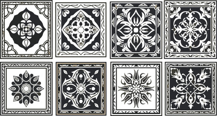 Set of monochrome ornamental tile patterns with vintage floral and geometric mandalas in Moroccan and Mediterranean style. © MAHDIHASAN