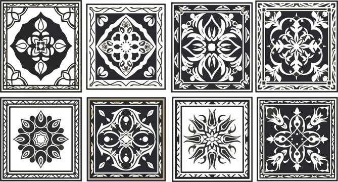 Set of monochrome ornamental tile patterns with vintage floral and geometric mandalas in Moroccan and Mediterranean style.