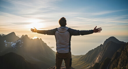 Fototapeta premium Man standing on cliff with open arms, overlooking majestic mountains and ocean at sunrise. Victorious man standing on cliff with open arms symbolizes freedom and achievement.