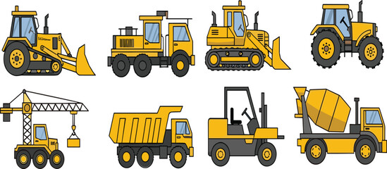 Construction vehicles and heavy machinery collection with bulldozer tractor crane dump truck forklift cement mixer vector illustration set © Jannatun