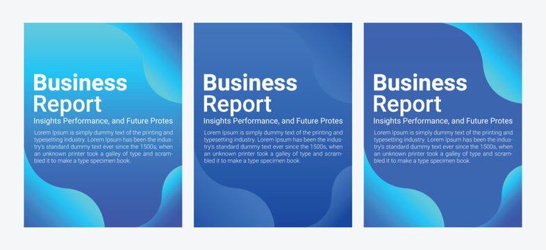 Abstract blue business report mockups with flowing shapes and bold typography ideal for presentations