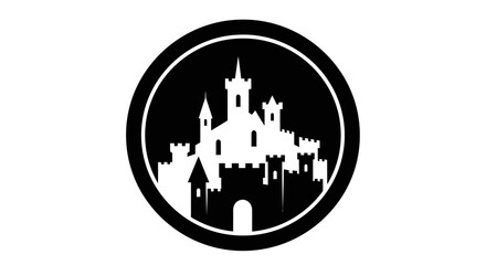 Medieval Castle Silhouette Icon in Circle, Fantasy Fortress Emblem © M