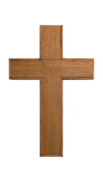 Simple Christian cross made of brown wood with natural grain texture and clean edges ,
 Religious wooden crucifix symbol with minimalist design and oak timber on isolated white background