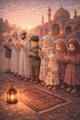 Obraz premium Muslim family praying together during Ramadan evening prayer near mosque, spiritual Islamic illustration with warm sunset light